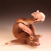 Hare with Rat, stoneware and colored pencils, 9.5 x 14 x 11 in., 2023